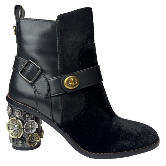Coach Women's Size 6 Black Leather 1941 Tea Rose Block Heel Moto Booties Boots - Picture 1 of 12